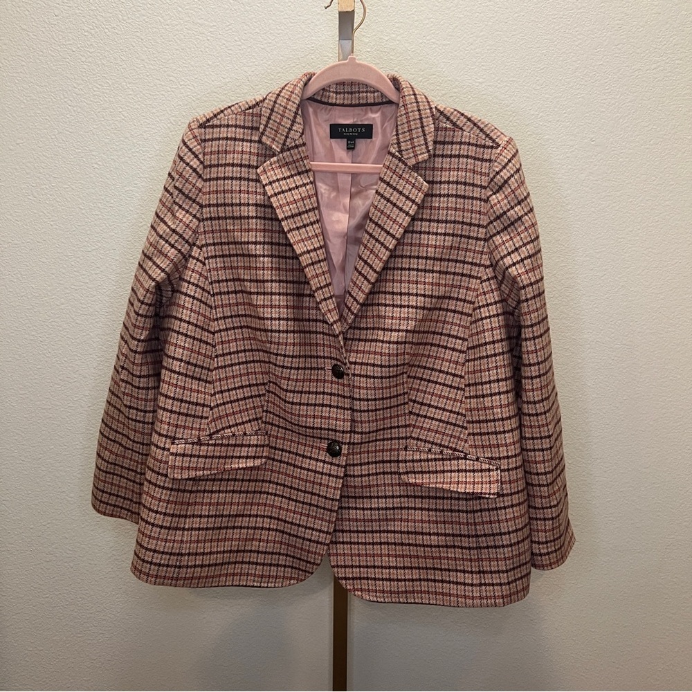 Talbots NWOT Classic Shetland Wool Blend Blazer Plaid Pink Size 18 WP